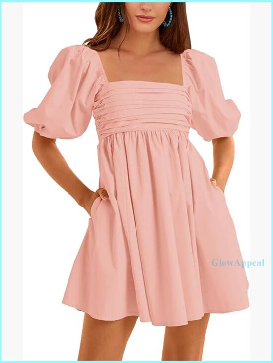 Dresses & Skirts - Square Neck Half Puff Sleeve High Waist A-Line Babydoll Mini Dress